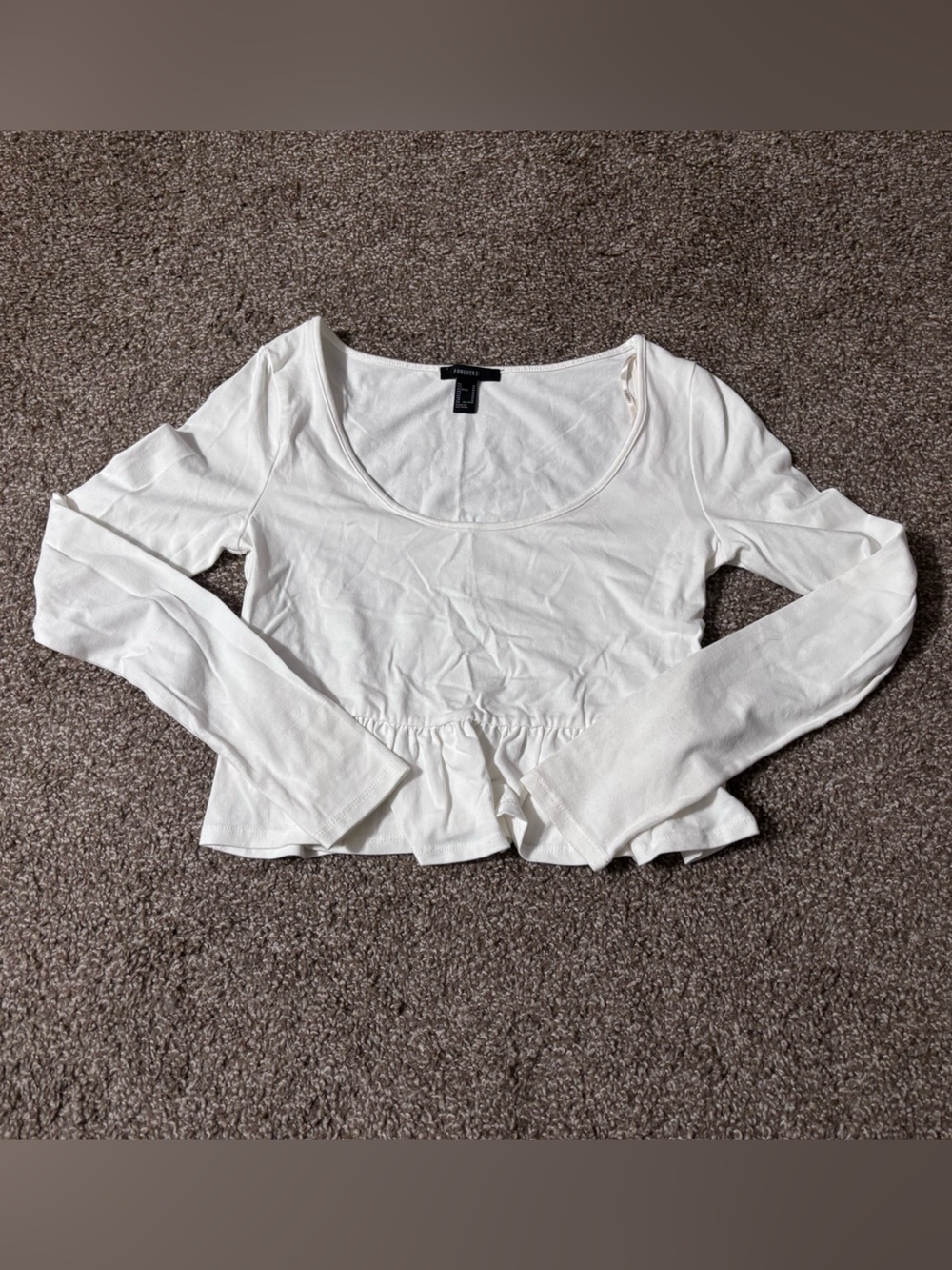 Forever 21 White Long Sleeve Peplum Scoop Neck Top